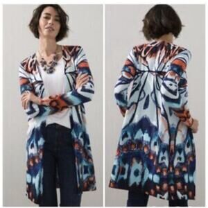 Chico’s Women’s 1 Open Front Longline Cardigan Butterfly Print Blue Knit Duster